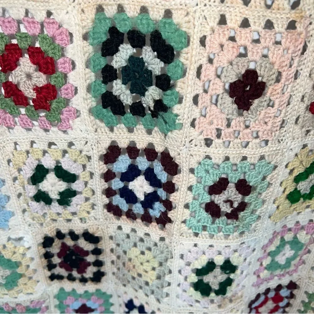 Vintage Afgani Crochet Grandma Square Blanket Throw Quilt Multicolor Handmade